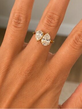 Gold Double Teardrop Ring with Clear Stones - Elegant Women’s Jewelry